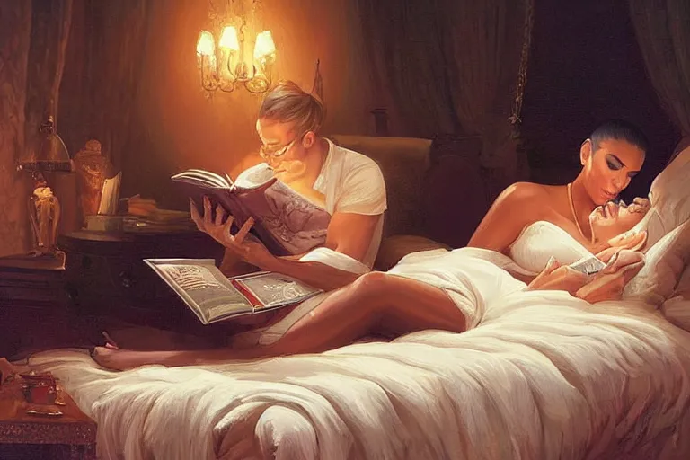 Image similar to portrait of kim kardashian reading a bedtime story to joe biden in bed, an oil painting by ross tran and thomas kincade