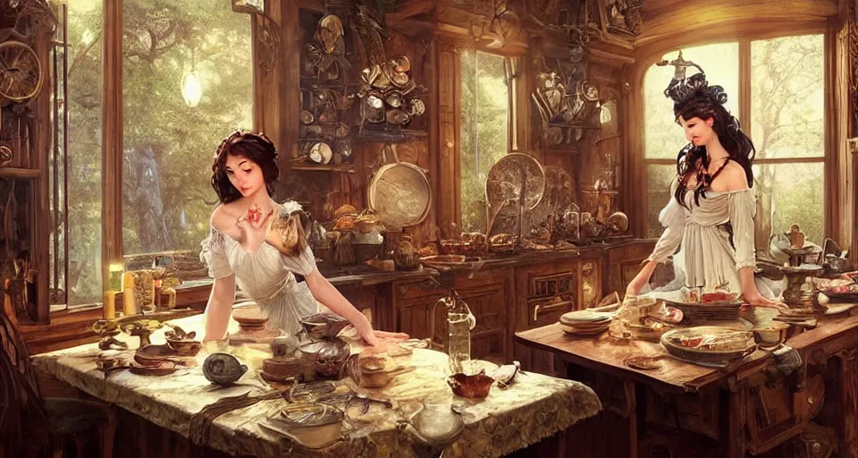 Image similar to a portrait of a fairy in a vintage magical kitchen, with one vintage book on a table, with a fireplace in the background d & d, fantasy, intricate, elegant, highly detailed, digital painting, artstation, concept art, smooth, sharp focus, illustration, art by artgerm and greg rutkowski and alphonse mucha