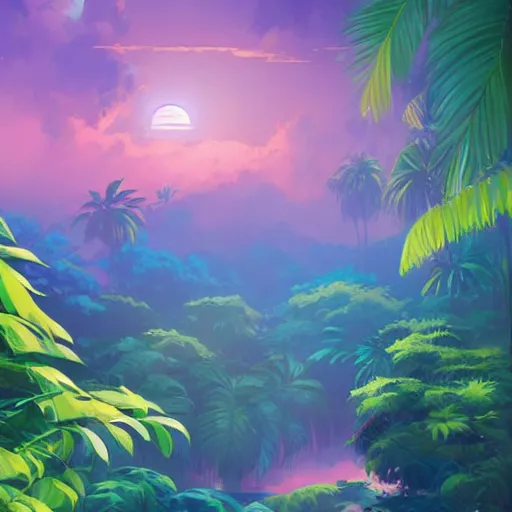 Image similar to tropical jungle, 2 moons in the sky above, purple tinged sky, behance hd artstation by jesper ejsing by rhads, makoto shinkai and lois van baarle, ilya kuvshinov, ossdraws