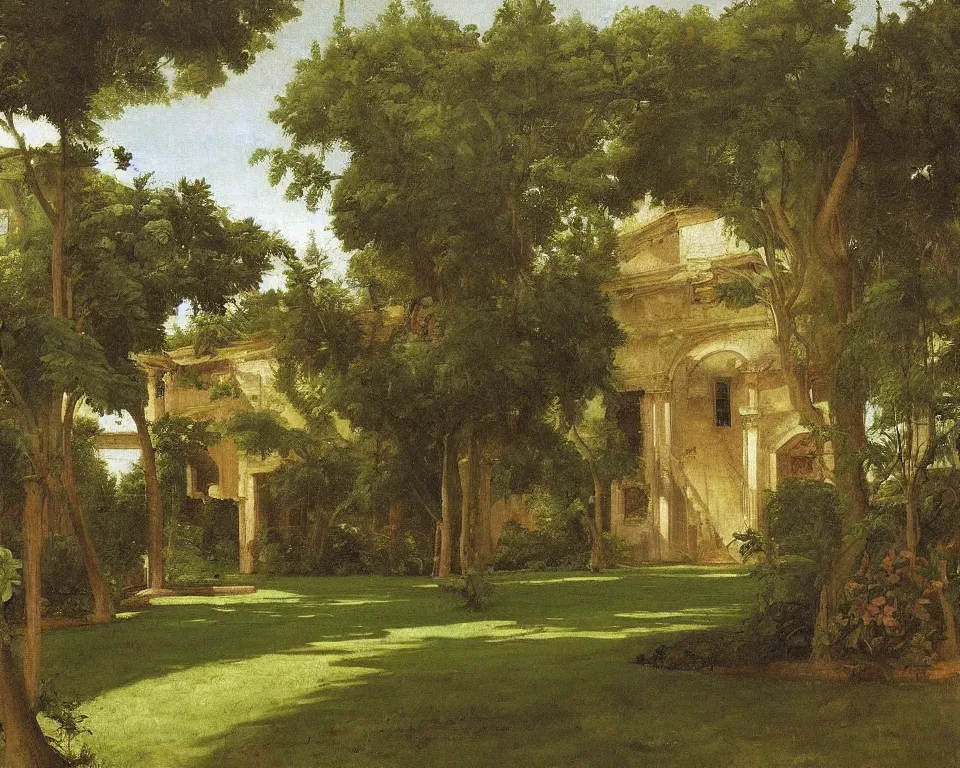 Prompt: an achingly beautiful oil painting of the lush interior garden of a Roman villa by Raphael and Hopper.