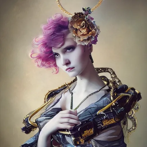 Prompt: A masterpiece portrait of a Incredibly beautiful futuristic high fashion queer model girl with a large luxurious Victorian necklace made of electronical trash. Rococo dress from glass and books. trending on artstation, digital art, by Stanley Artgerm Lau, WLOP, Rossdraws, James Jean, Andrei Riabovitchev, Marc Simonetti, Yoshitaka Amano