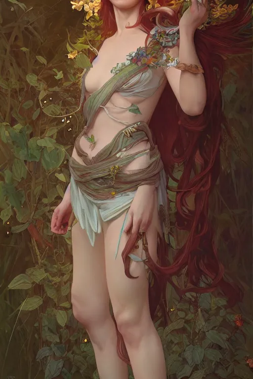 Image similar to full body portrait of forest queen akimbo highly detailed, digital painting, artstation, concept art, smooth and sharp focus, illustration, art by tian zi and wlop and alphonse mucha