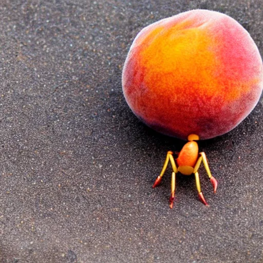 Image similar to a female peach with eyelashes and long legs walking on the beach, realistic, macro photo, highly detailed