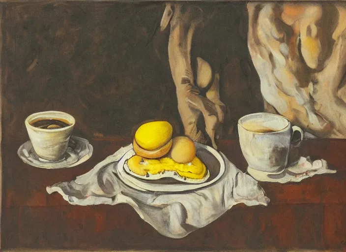 Image similar to a surreal painting of a breakfast still life, coffee, eggs, flowers, by George Baselitz, symbolist, soft colors, dramatic lighting, smooth, sharp focus, extremely detailed, aesthetically pleasing composition