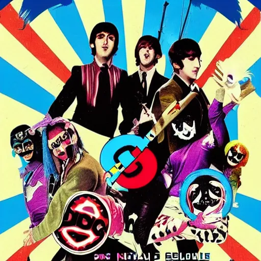 Image similar to a band the beatles as a suicide squad, dc movie poster