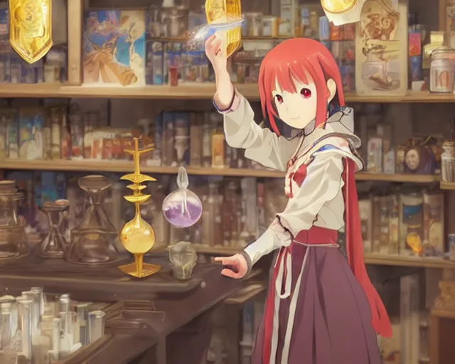 Image similar to anime visual, portrait of a young female knight in a alchemist's shop interior buying potions, cute face by yoh yoshinari, katsura masakazu, cinematic luts, cold studio lighting, dynamic pose, dynamic perspective, strong silhouette, anime cels, ilya kuvshinov, cel shaded, crisp and sharp, rounded eyes