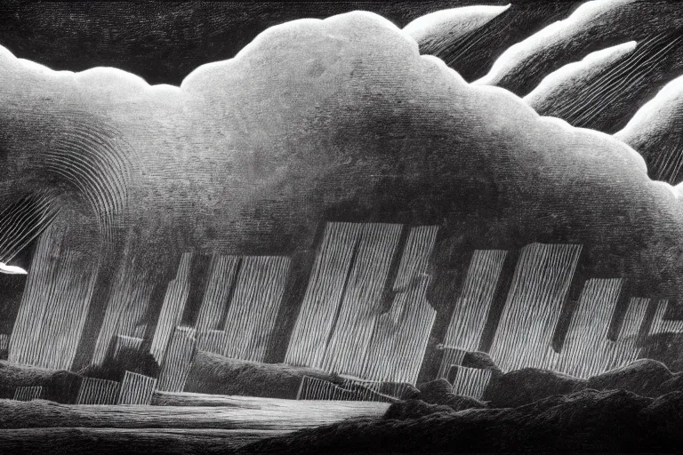 Prompt: Thy thunder, conscious of the new command, rumbles reluctant o'er our fallen house; and thy sharp lightning in unpractised hands scorches and burns our once serene domain, postmodern surrealist hand drawn matte painting 4k by Lynd Ward, smooth, sharp focus, extremely detailed, dramatic cinematic lighting.