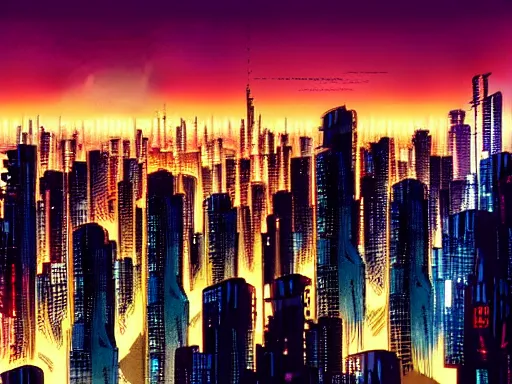 Image similar to a cinematic busy cyberpunk street in a mega city packed with flying vehicles, large mega corp buildings dominate the skyline at dusk by nick hiatt, cinematic, film still