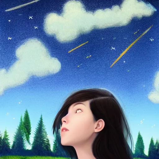 Prompt: dark haired girl looks into the sky unamused, hyperrealistic, 8k, starry sky