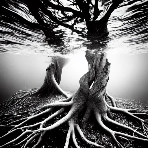 Prompt: roots underwater, award winning black and white photography