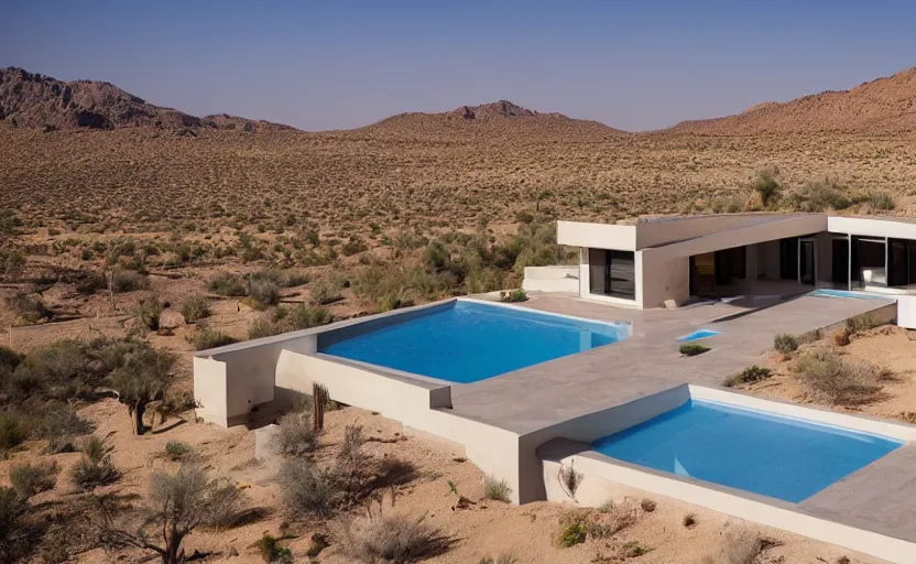 Image similar to modern house in the middle of desert, pool, professional photography