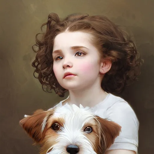 Prompt: a little girl with short wavy curly light brown hair and blue eyes with a very cute wire haired jack russell terrier puppy, white with brown patches over both eyes. detailed, high quality painting by artgerm and greg rutkowski and alphonse mucha