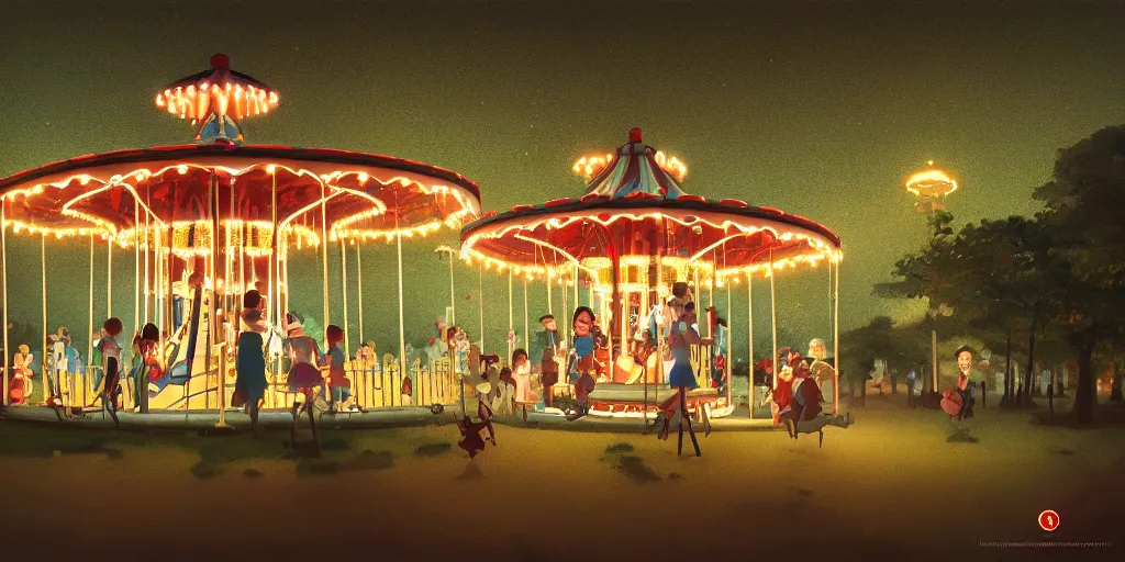 Prompt: at a merry - go - round park, evening, detailed matte painting, low angle view, telephoto lens, bokeh, studio ghibli, artstation