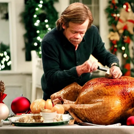 Image similar to William H Macy carving a turkey with a knife during Christmas