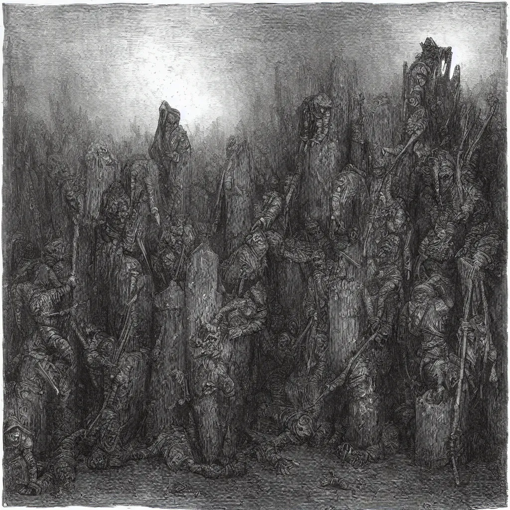 Image similar to nine steel barrels in a graveyard with 2 zombies, creepy atmosphere, dark, portrait, realistic, very realistic, illustration by gustave dore