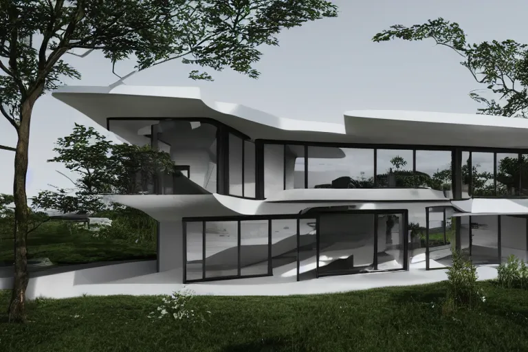 Image similar to photo of a futuristic modernized house designed in the style of seppo mantyla, 4 k, realistic render