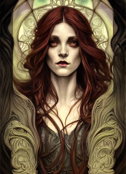 Image similar to an art nouveau, cthulu portrait in the style of charlie bowater, and in the style of donato giancola, and in the style of charles dulac. very large, clear, expressive, intelligent eyes. symmetrical, centered, ultrasharp focus, dramatic lighting, photorealistic digital painting, intricate ultra detailed background.