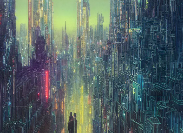 Image similar to city, neon, RGB, glowing wires everywhere, by Edgar Maxence and Ross Tran, Zdzisław Beksiński, and Michael Whelan, distant, gustav dore, H.R. Giger, 8k, octane render