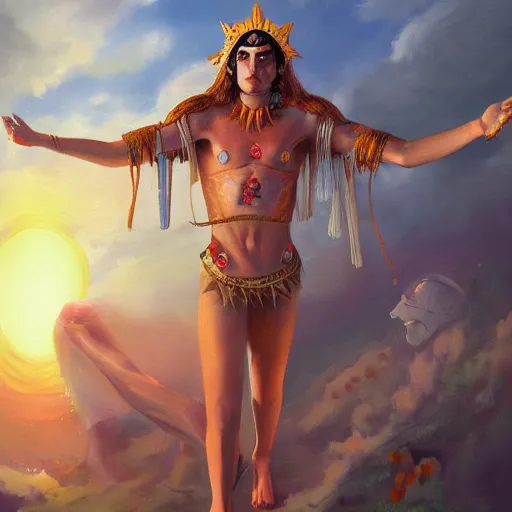 Image similar to paimon invades the body of the sun god midsommar, oil painting, ultradetailed, artstation, ultradetailed, digital painting, ultradetailed