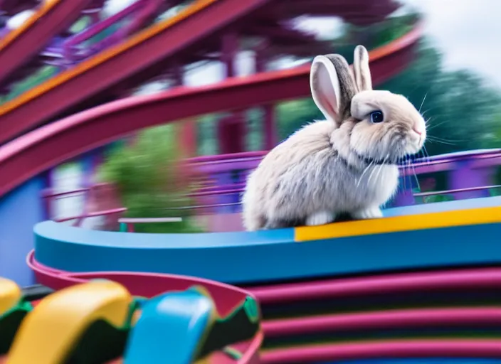 Image similar to film still of a bunny riding a roller coaster in disneyland paris, 8 k