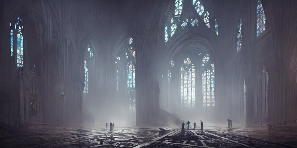Prompt: inside diamond, by Greg Rutkowski, concept art, fantasy, gothic cathedral, light through the mist, dramatic lighting, photorealistic, cinematic lighting, high detail, cinematic feel, high octane, 4K, Unreal Engine, digital render, intricate, ultra realistic, crepuscular ray, low angle, superwide shot, lunapunk