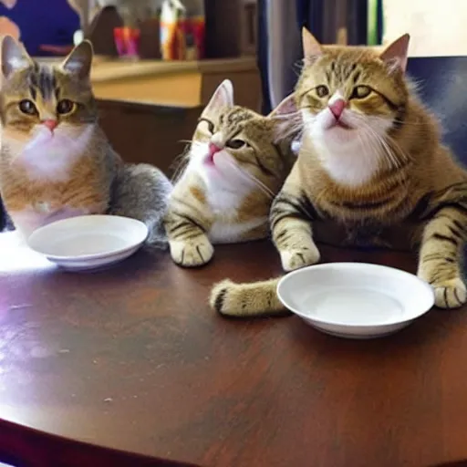 Prompt: a bunch of cute cats around a table