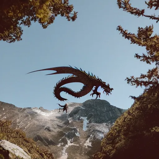 Prompt: photo of dragon under a mountain