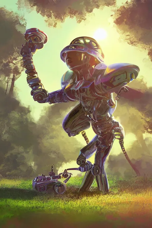 Image similar to a black kid playing with a futuristic robot in the nature, mixing solarpunk, afropunk, cyberpunk, ( ( ( ( volumetric light ) ) ) ), high angle, part by pearl fryar, part by prince damah, sunny day, trending on artstation, cinematic view, illustration, painting.