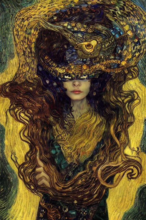 Image similar to Kirisame marisa, touhou project by Karol Bak, Jean Deville, Gustav Klimt, and Vincent Van Gogh, portrait of a sacred serpent, Surreality, otherworldly, fractal structures, arcane, ornate gilded medieval icon, third eye, spirals