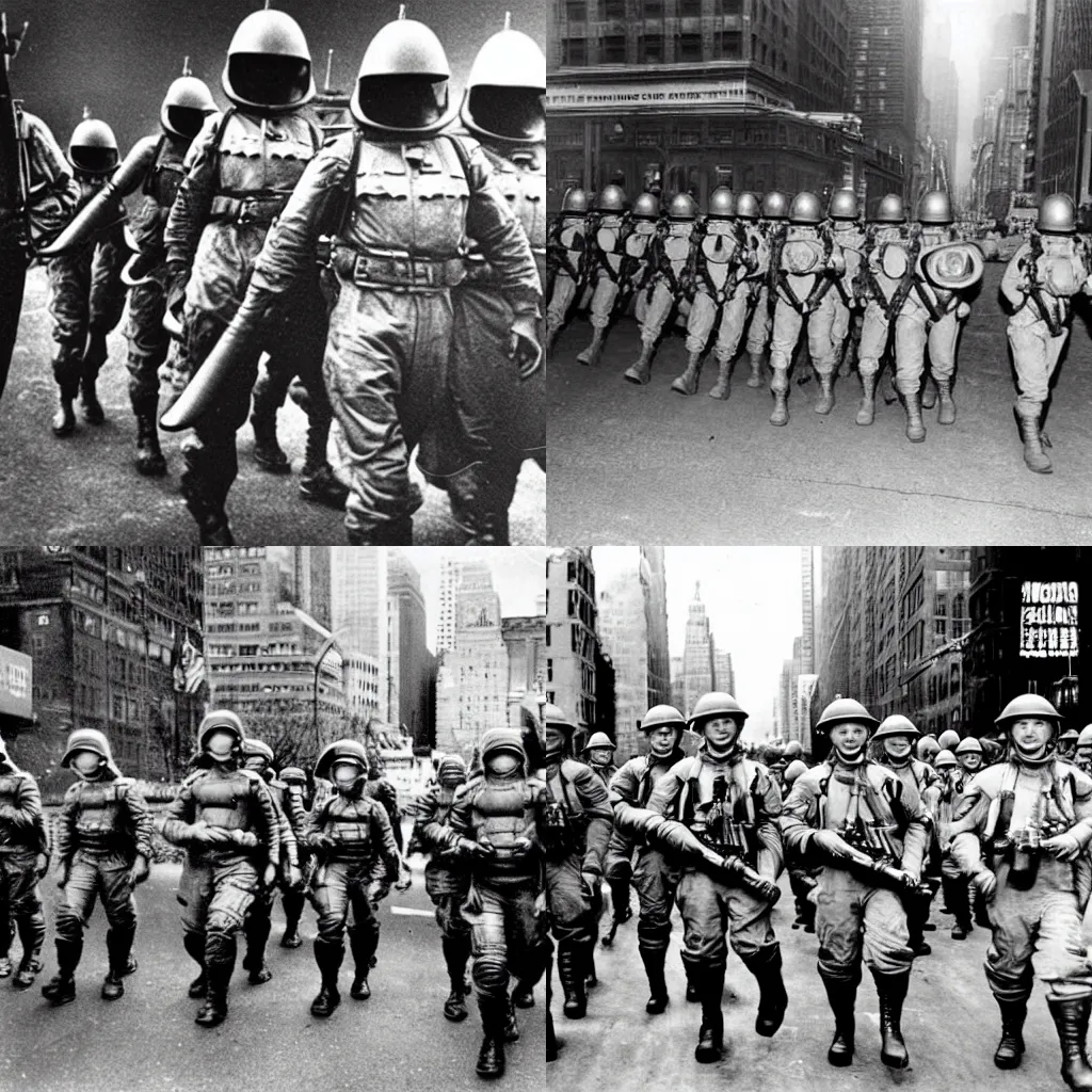 Prompt: an old photo of alien soldiers march in to New York, WW2, Second world war, black and white photo, outer space, UFO, laser weapons