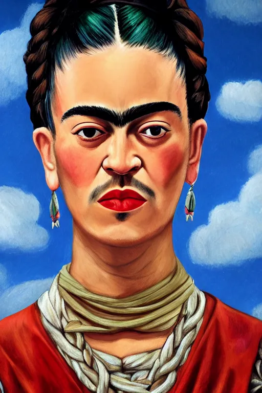 Prompt: a portrait of Frida kahlo wearing a princess dress and rock climbing, hd, 8k, artstation