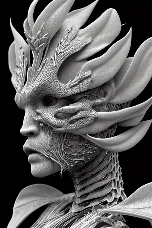 Image similar to bw close - up profile face, black background, beautiful young porcelain vegetal - dragon - cyborg - female, 1 5 0 mm, beautiful natural soft rim light, silver gold details, magnolia leaves and stems, roots, mandelbot fractal, elegant, ultra detailed, white metallic armour, octane render, h. r. giger style