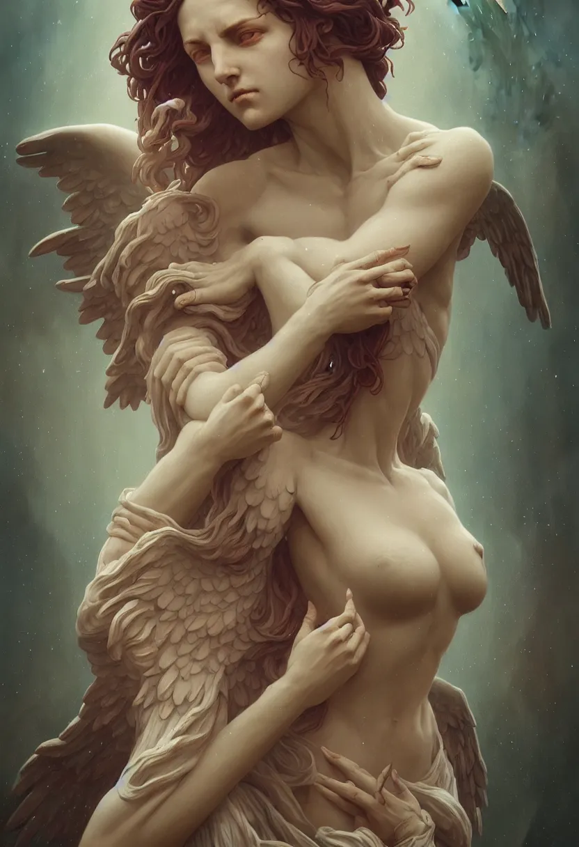 Image similar to beautiful very extreme closeup portrait, weeping scary angels, angel of grief, stone statues, beautiful woman body, unreal engine, greg rutkowski, loish, rhads, beeple, tom bagshaw, alphonse mucha, global illumination, detailed and intricate environment