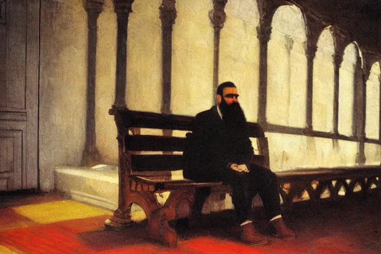 Image similar to portrait of a bearded young man sitting alone on a bench in a subway station, glowing with silver light, color by Franz Marc, highly detailed architecture by Jean-Léon Gérôme, by Winsor McCay, today's featured photograph, 16K