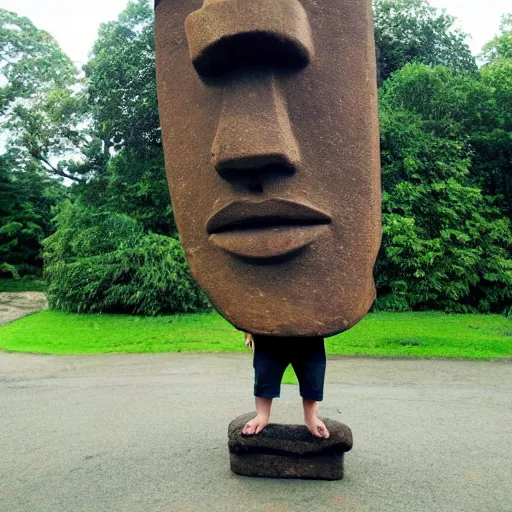 Prompt: man with a moai head doing a kickflip over the words'off - topic