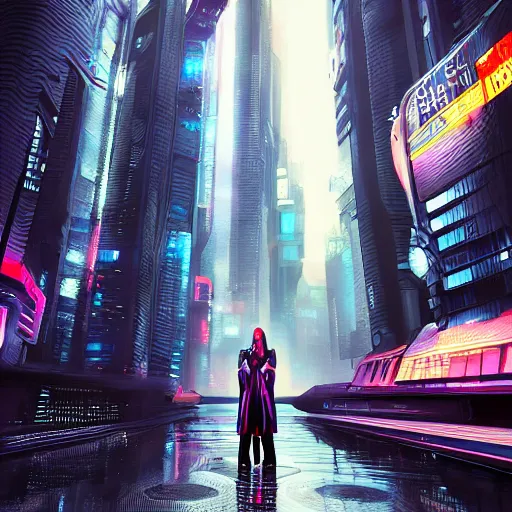 Image similar to a picture of a woman holding an umbrella, futuristic city, cyberpunk art by fyodor vasilyev, zbrush central contest winner, cubo - futurism, synthwave, darksynth, retrowave