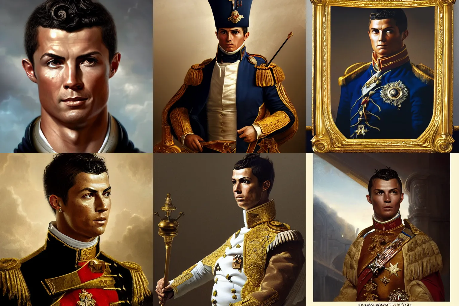 Prompt: Portrait of Cristiano Ronaldo as Emperor Napoleon, stunning screensaver, screensaver, head slightly tilted, natural light, elegant, intricate, fantasy, atmospheric lighting, cinematic, matte painting, Greg Rutkowski