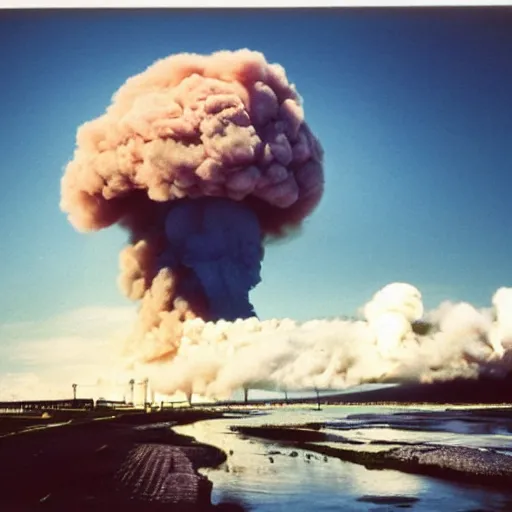 Prompt: kodachrome photo of nuclear blast in the west pacifics