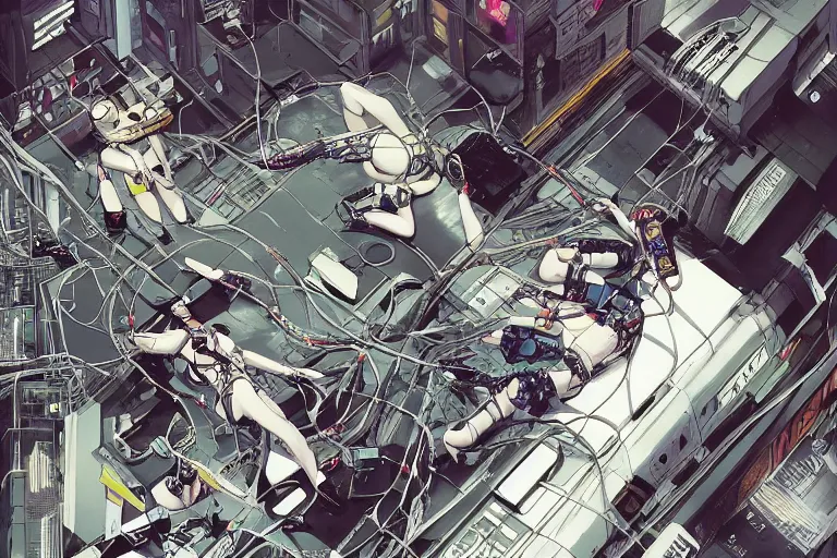 Image similar to a cyberpunk illustration of a group of three coherent female androids in style of masamune shirow, lying on an empty, white floor with their bodies broken scattered rotated in different directions and cables and wires coming out, by yukito kishiro and katsuhiro otomo, hyper-detailed, intricate, view from above