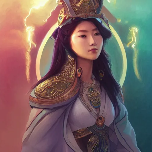 Image similar to asian goddesses representing earth, air, fire, water, and lightning, wearing modern clothing, hoodie, jean shorts, d & d, highly detailed, digital painting, artstation, concept art, sharp focus, illustration, cinematic lighting, art by artgerm and greg rutkowski and alphonse mucha