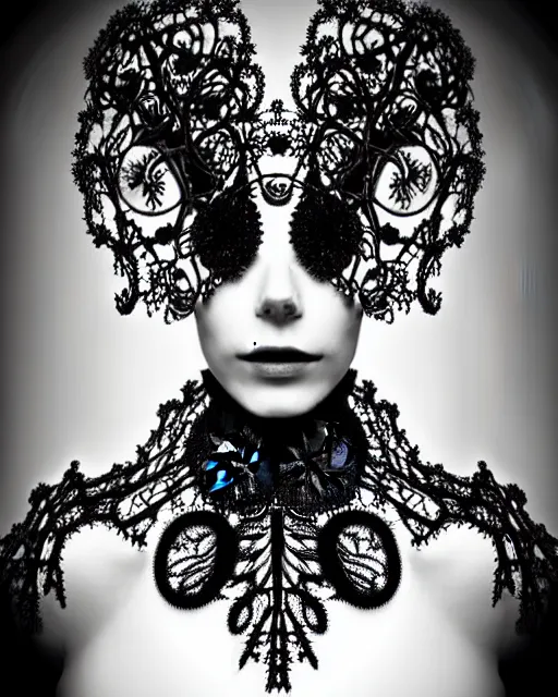 Image similar to surreal dark poetic black and white photo portrait of complex bio-mechanical beautiful young silver female vegetal-cyborg with a Mandelbrot fractal steampunk metal fine lace face, a very long neck and a fine metal floral foliage super big lace collar by Alexander McQueen:: smoke, high fashion, haute couture, rococo, steampunk, silver filigree details, anatomical, facial muscles, cable wires, microchip, elegant, dreamy, foggy atmosphere, hyper realistic, 150 mm lens, soft rim light, octane render, unreal engine, picture was taken in 1910 by Man Ray, volumetric lighting, dramatic light,8k,