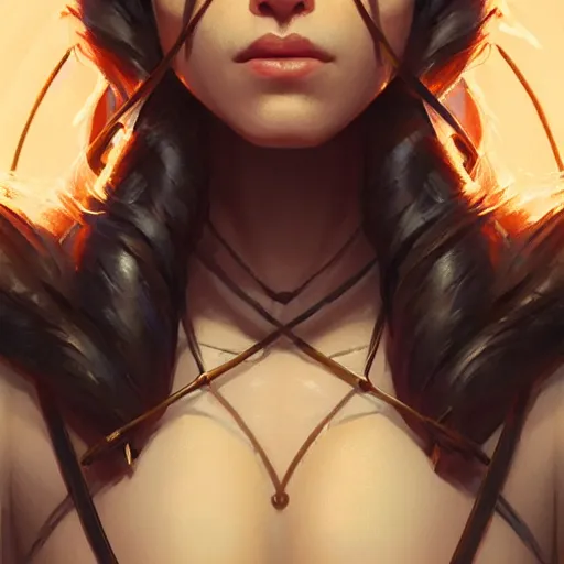 Image similar to portrait of a confident goddess, in modern era, upper body, D&D, intricate, cinematic lighting, highly detailed, digital painting, artstation, concept art, smooth, sharp focus, illustration, art by Artgerm and Greg Rutkowski