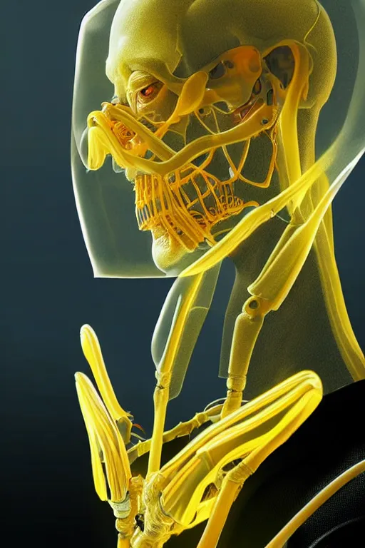 Image similar to hyperrealistic close-up translucent hard exoskeleton!! sad chinese man covered highly detailed concept art eric zener elson peter cinematic side soft yellow light high angle hd 8k sharp shallow depth of field