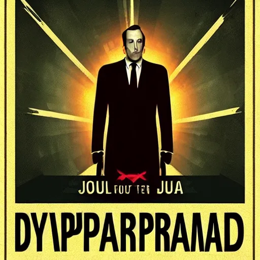 Prompt: “ dystopian propaganda poster of saul goodman as an evil overlord ”