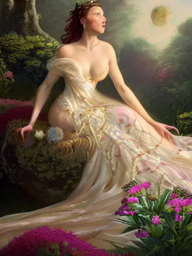 Prompt: venus, the empress, wearing a magnificent dress, sitting on a divan in the middle of a beautiful green plains full of little flowers. intricate, elegant, highly detailed, digital painting, artstation, concept art, sharp focus, illustration, by justin gerard and artgerm, 8 k