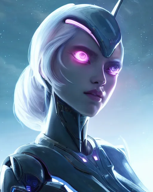 Image similar to perfect android girl on a mothership, warframe armor, beautiful face, scifi, futuristic, galaxy, nebula, raytracing, dreamy, long white hair, blue cyborg eyes, sharp focus, cinematic lighting, highly detailed, artstation, divine, by gauthier leblanc, kazuya takahashi, huifeng huang