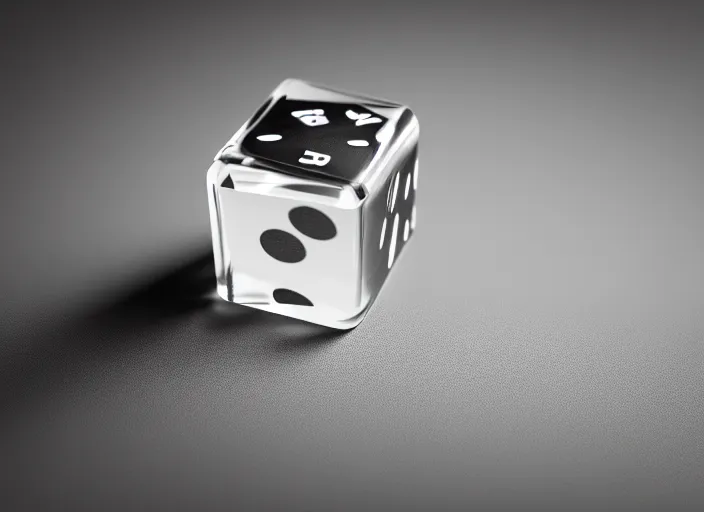 Prompt: a dice made of crystal, xf iq 4, 1 5 0 mp, 5 0 mm, iso 2 0 0, 1 / 1 6 0 s, natural light, octane render, adobe lightroom, rule of thirds, symmetrical balance, depth layering, polarizing filter, sense of depth, ai enhanced