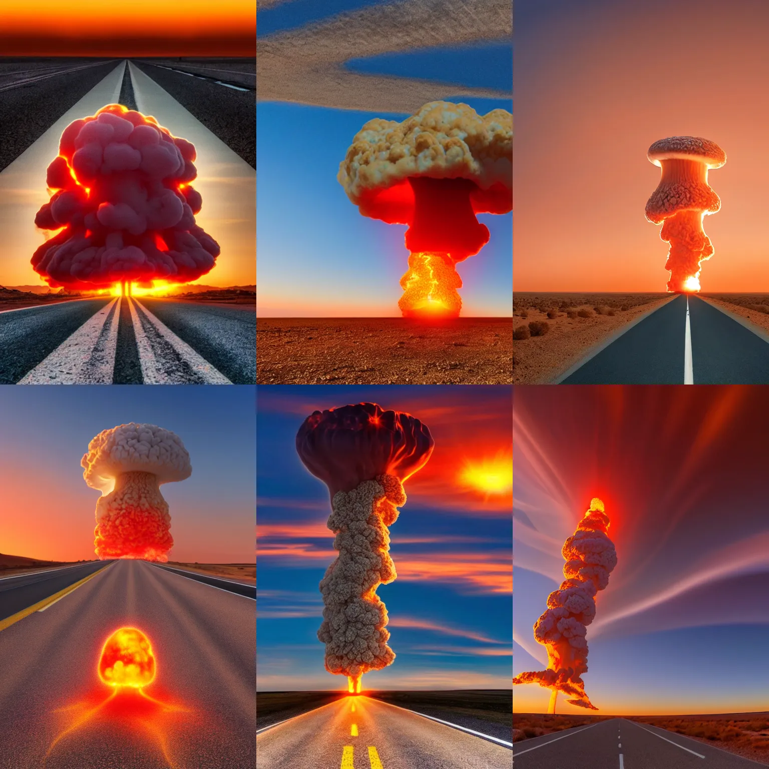 Prompt: nuclear explosion mushroom cloud at the end of highway in the middle of the desert, at sunset, golden hour, 4k, HD, high quality