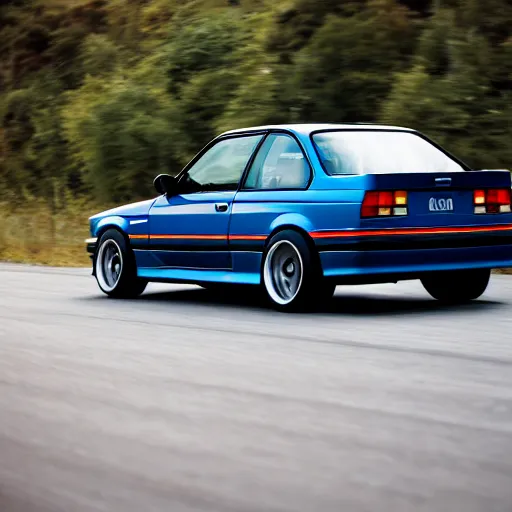 Image similar to a rear shot of a modified bmw e 3 0 with lights on a mountain road, motion blur, 3 5 mm photography, car photography, clean lines, realistic