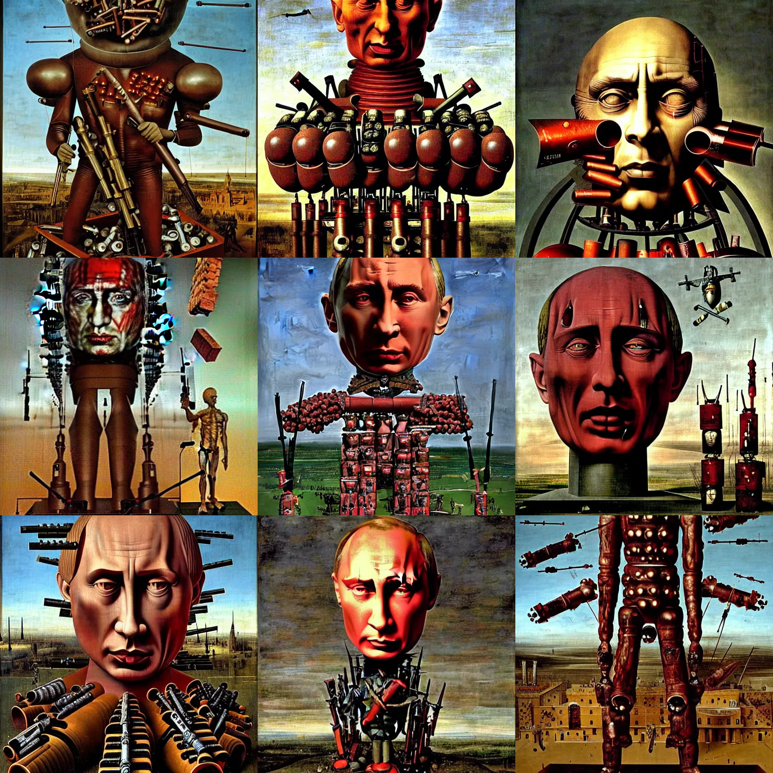 Prompt: huge statue of angry vladimir putin made of guns and bombs and missiles and other parts that associated with blood, horror and terror. dark reddish color palette detailed digital painting by giuseppe arcimboldo, salvador dali, hieronymus bosch, h. giger, giorgio de chirico, vito acconci